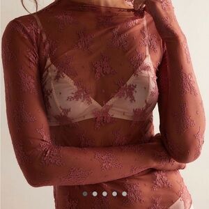 Free people Sheer Floral Lace Long Sleeve Top in Dusty Rose